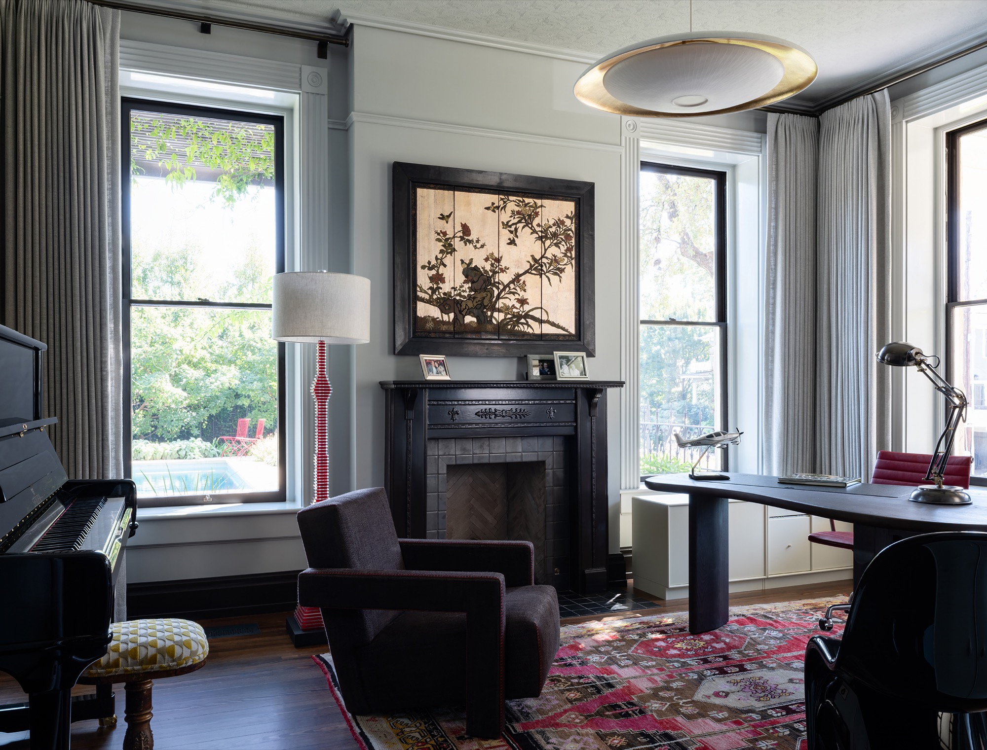 Victorian House home office with wallpapered ceiling in Austin, Texas